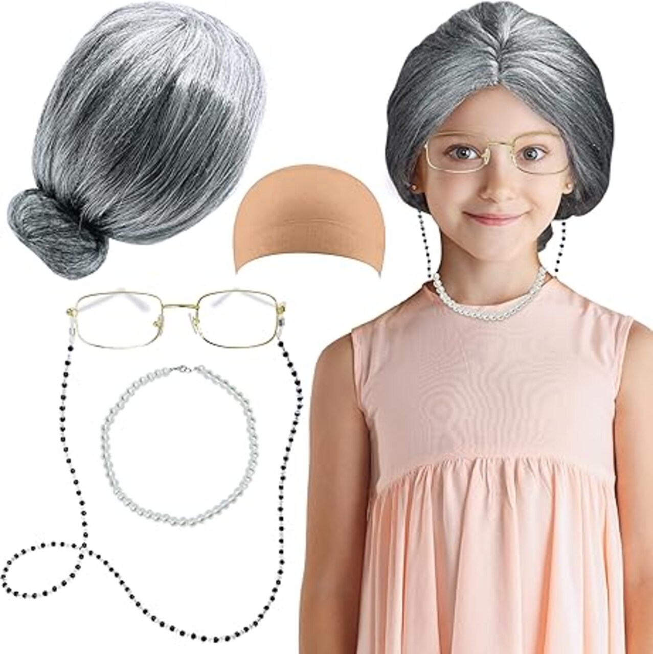 4E's Novelty Old Lady Costume for Kids - 5 Pcs Set for 100th Day of School Grandma Costume for Kids Girls, Gray Wig, Glasses with Chain, Wig Cap, Necklace